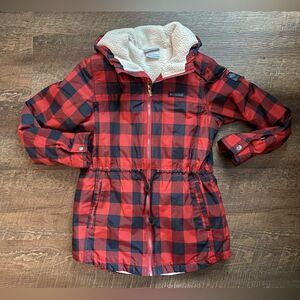 COLUMBIA Chatfield Hill plaid checkered utility jacket red navy fleece lined EUC